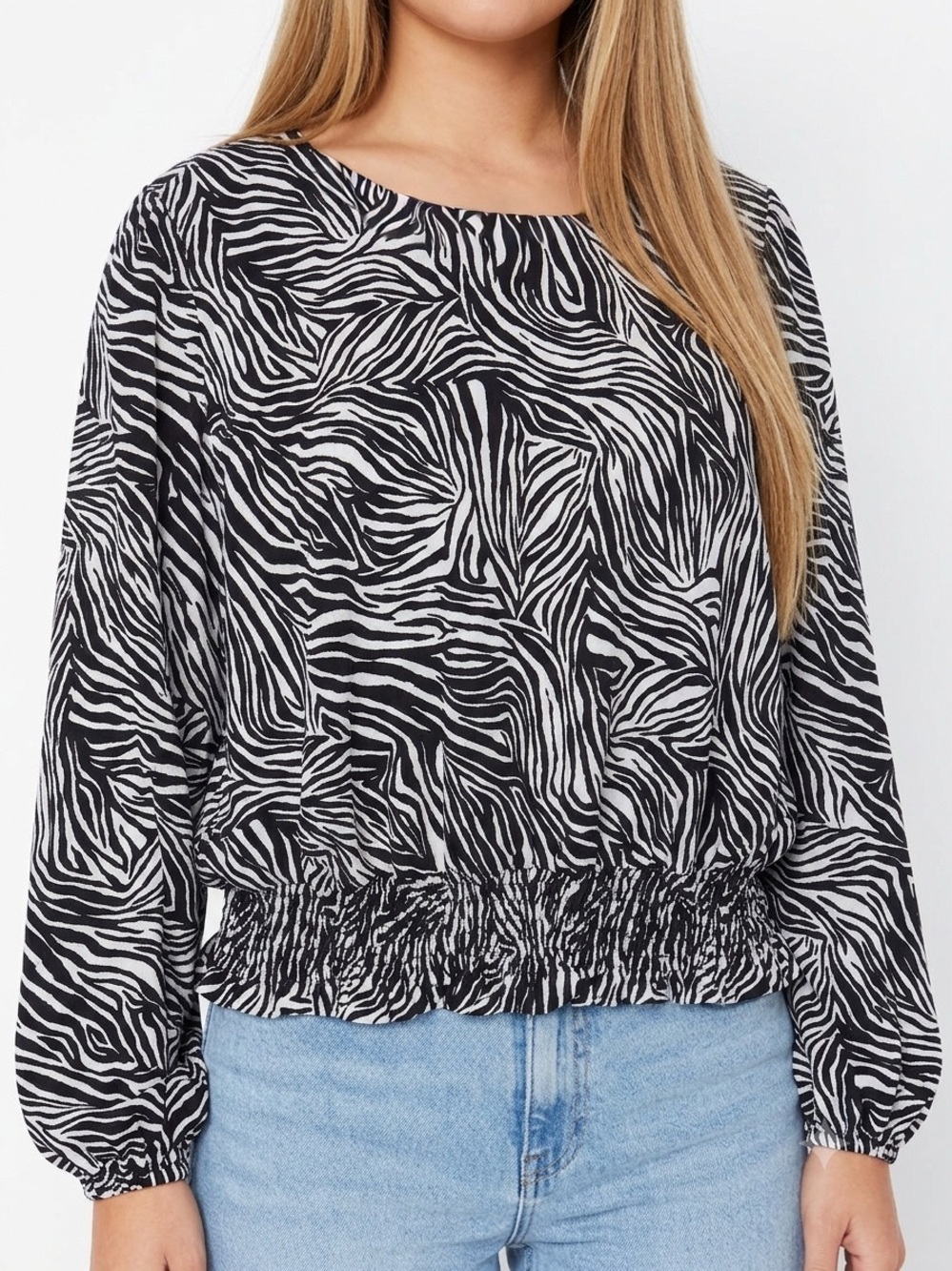 MICHAEL Michael Kors Black White Zebra Animal Print Smocked Waist Blouse XL